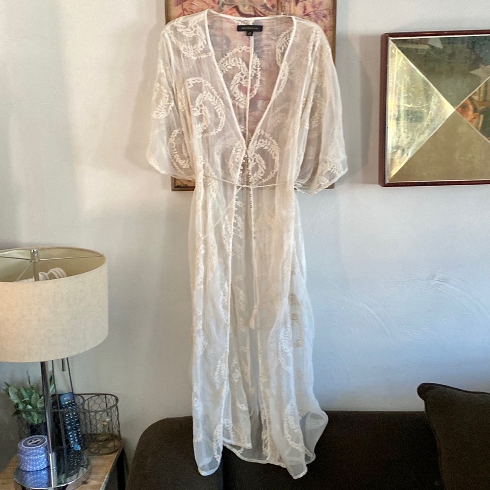 BOHO IVORY EMBROIDERED LONG KIMONO DRESS SHEER ADJUSTABLE KAFTAN S M L - Picture 10 of 12
